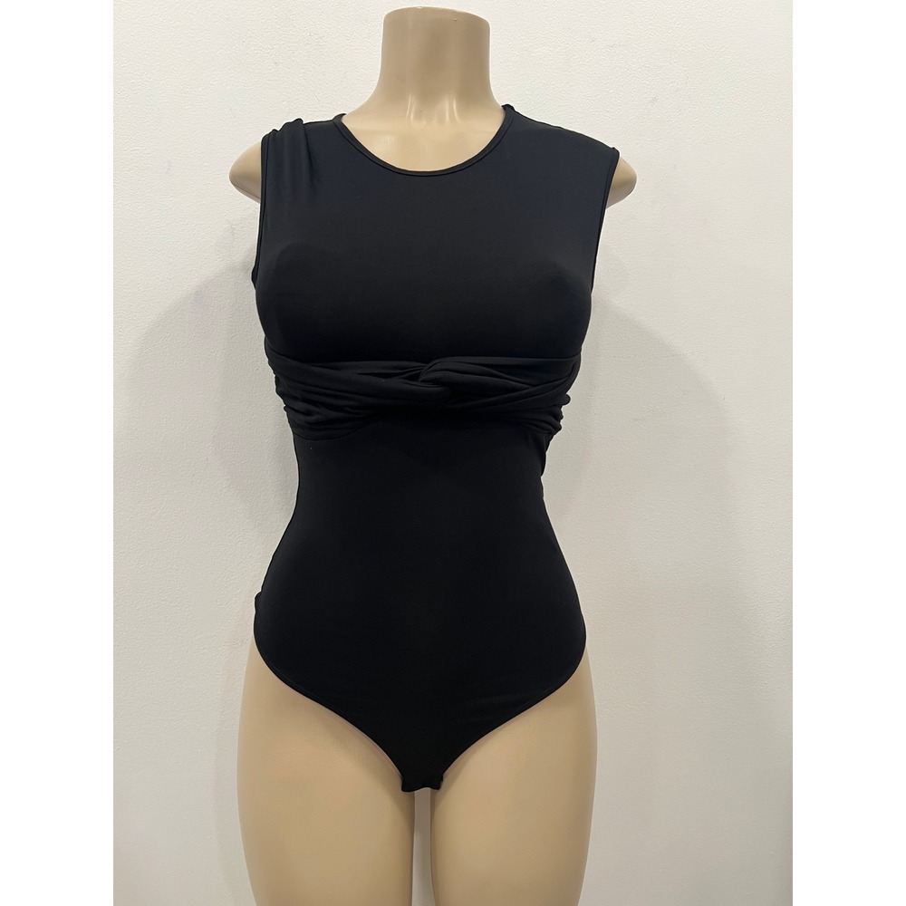 Sophie Rue Bodysuit Womens Small Black Sleeveless Twist Front Thong New w Tags